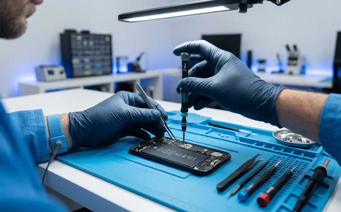 Technician repairing an iPhone at the Cell Phone Repair Lab workbench in Mount Vernon, NY
